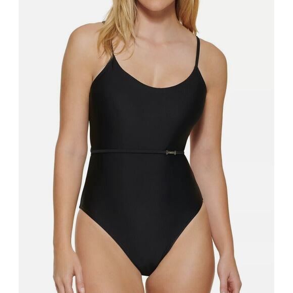 Calvin Klein BLACK Over-the-Shoulder Solid Black One-Piece Swimsuit US 10 NWT - Picture 1 of 4